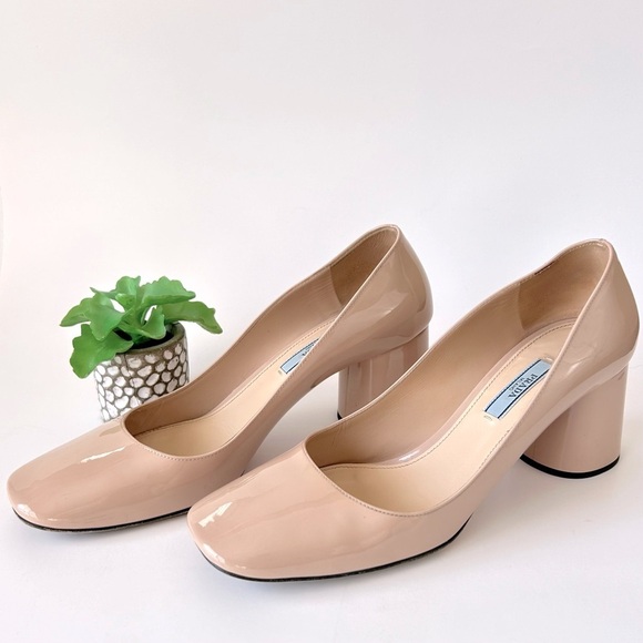 Prada Nude Patent Leather Round Block Heel Square Toe Pumps Size 38.5 - Picture 4 of 12